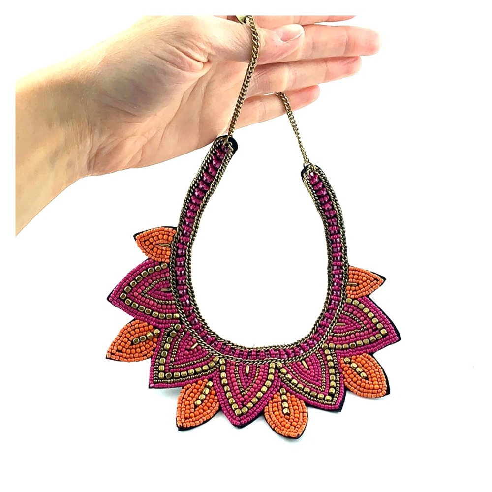 CHARMING CHARLIE | 💗Pink Orange Gold Boho Beaded Moroccan Style Necklace - Picture 2 of 6